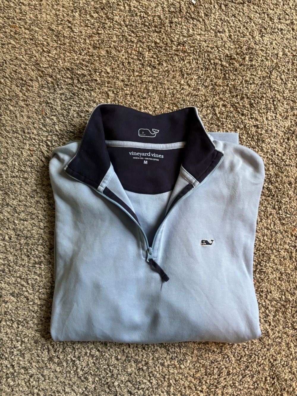 Vineyard Vines Men's Pale Blue Quarter-Zip with Navy Collar